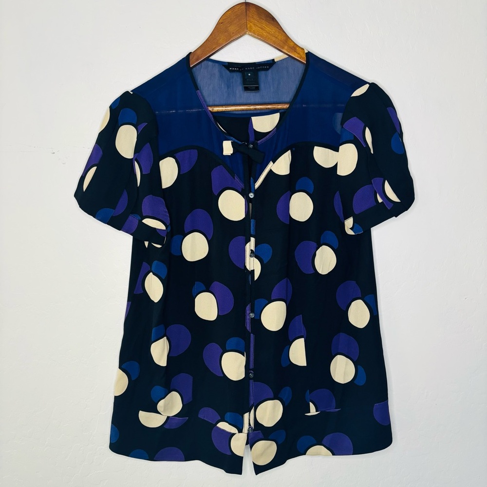 Marc By Marc Jacobs Silk Button Up Polka Dot Blouse Black Blue‎ Purple Cream